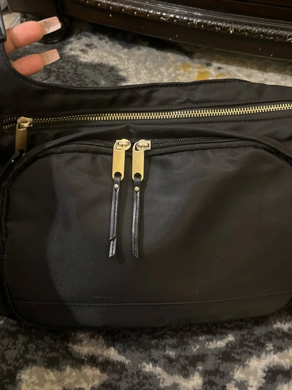 Men's Black Messenger Crossbody Bag with Gold Accents